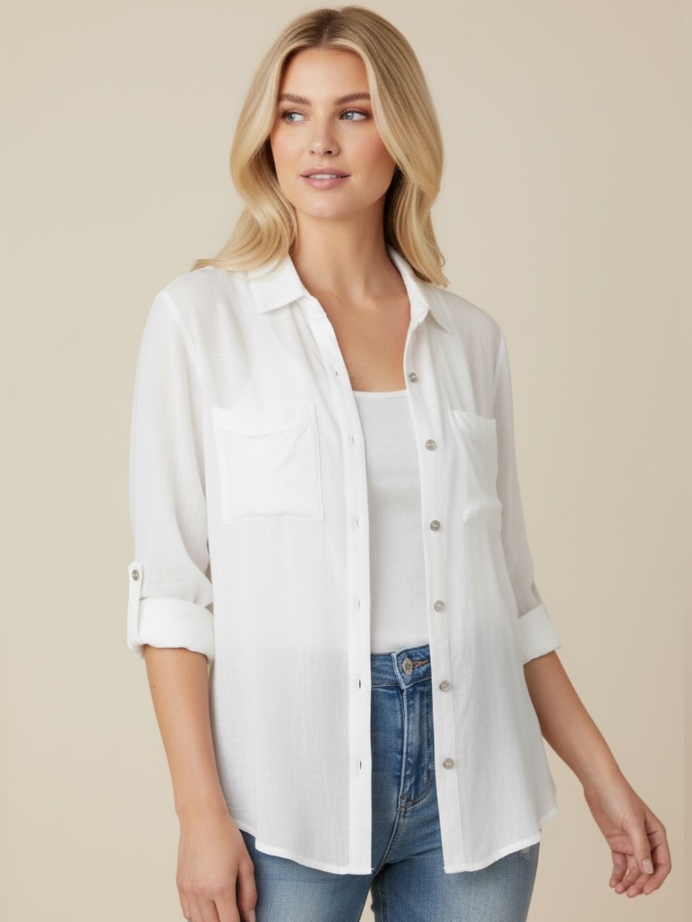 White Button Down Shirt Women Lightweight Collared Long Sleeve Blouse Medium